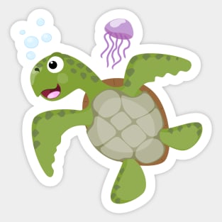 Cute green sea turtle happy cartoon illustration Sticker